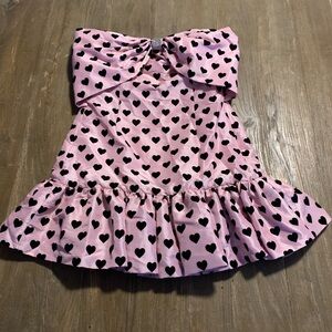 LoveShackFancy Pink Strapless Dress with Black Hearts